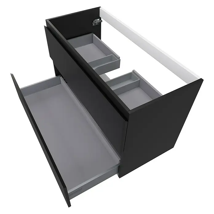 Camargue Espacio Waschtischunterschrank - 100 x 46 x 60 cm, 2 Schubkästen, Gama anthrazit matt - Nahaufnahme eines modernen schwarzen Badezimmerschranks mit Schubladen in verschiedenen Größen, die teilweise geöffnet sind.