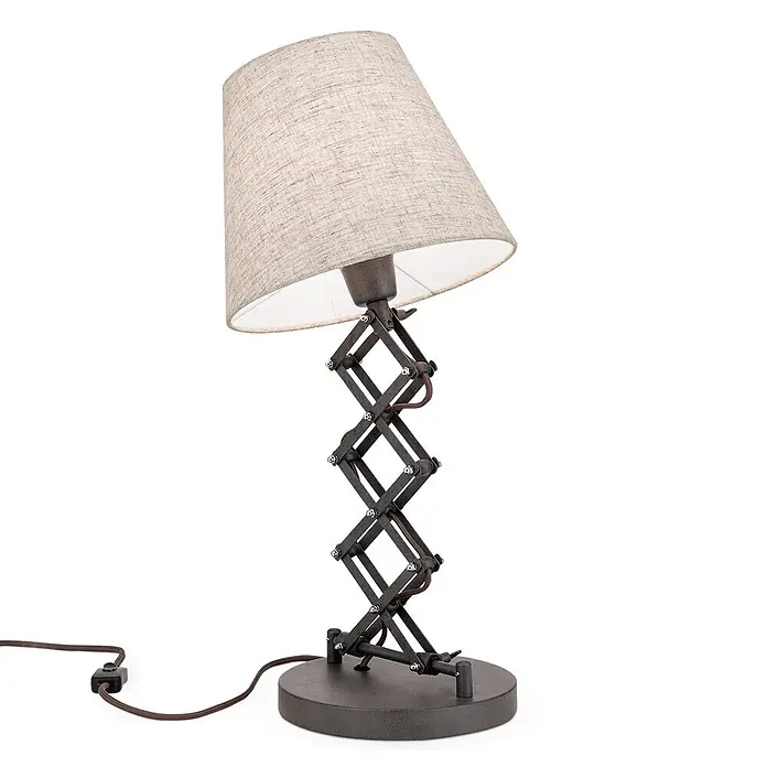 Orion Leuchten Tischleuchte - 40 W, L x B x H: 25 x 25 x 67 cm, E27 - Verstellbare Tischleuchte mit beigem Stoffschirm und dunkelgrauem Scherenarm-Fuß, mit sichtbarem Stromkabel.