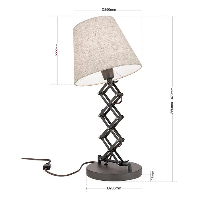 Orion Leuchten Tischleuchte - 40 W, L x B x H: 25 x 25 x 67 cm, E27 - Verstellbare Tischlampe mit dunkelbraunem Metall-Scherenarm und beigem Stoffschirm.