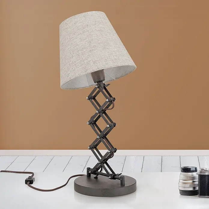 Orion Leuchten Tischleuchte - 40 W, L x B x H: 25 x 25 x 67 cm, E27 - Ausziehbare Tischlampe mit beigem Stoffschirm und dunkelgrauem Scherenarmfuß.