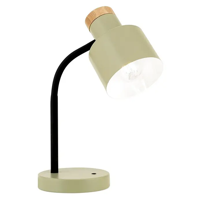 Orion Leuchten Tischleuchte - 40 W, L x B x H: 25 x 25 x 35 cm, E27 - Salbeigrüne Metall-Tischlampe mit schwarzem gebogenem Arm und Holzdekor auf dem Schirm.
