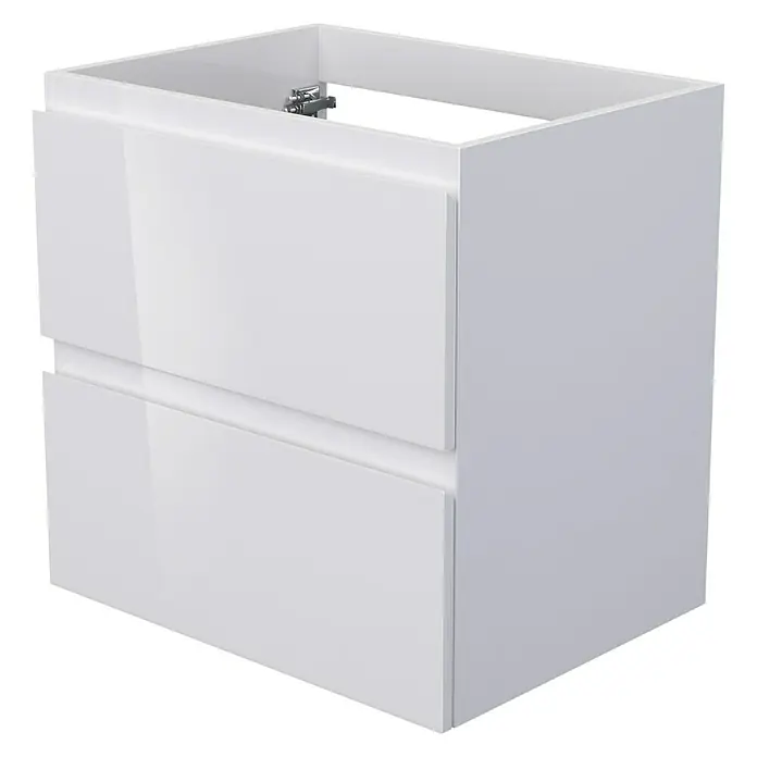 Camargue Espacio Waschtischunterschrank - 60 x 46 x 60 cm, 2 Schubkästen, Gama weiß glänzend - Abbildung eines weißen Badezimmerunterschranks mit zwei Schubladen. Der Waschtischunterschrank ist modern und minimalistisch gestaltet.