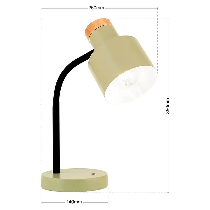 Orion Leuchten Tischleuchte - 40 W, L x B x H: 25 x 25 x 35 cm, E27 - Salbeigrüne Schreibtischlampe mit schwarzem flexiblem Arm und hölzernem Akzent oben.