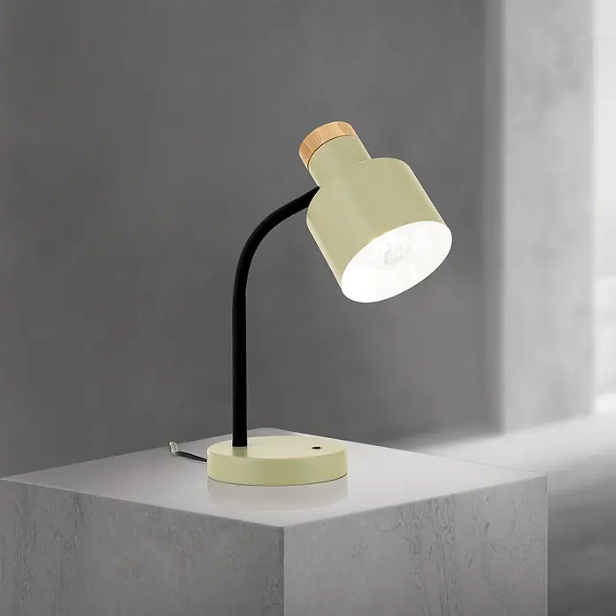 Orion Leuchten Tischleuchte - 40 W, L x B x H: 25 x 25 x 35 cm, E27 - Hellgrüne Schreibtischlampe mit schwarzem flexiblem Arm und Holzdetail, beleuchtet.