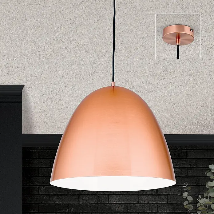 Orion Leuchten Pendelleuchte - L x B x H: 40 x 40 x 30 cm, E27 - Gebürstete kupferfarbene Hängeleuchte in Kuppelform, mit schwarzem Kabel.