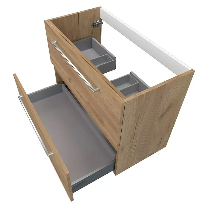 Camargue Espacio Waschtischunterschrank - 80 x 40 x 60 cm, 2 Schubkästen, Doce - Bild eines Waschtischunterschranks mit zwei Schubladen und hellbrauner Holzstruktur.