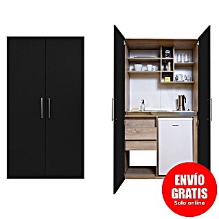 Respekta Cocina en armario Peter (Ancho: 104 cm, Negro y roble, Placa de cocina doble y microondas)