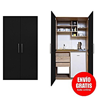 Respekta Cocina en armario Peter (Ancho: 104 cm, Negro y roble, Placa de cocina doble y frigorífico)