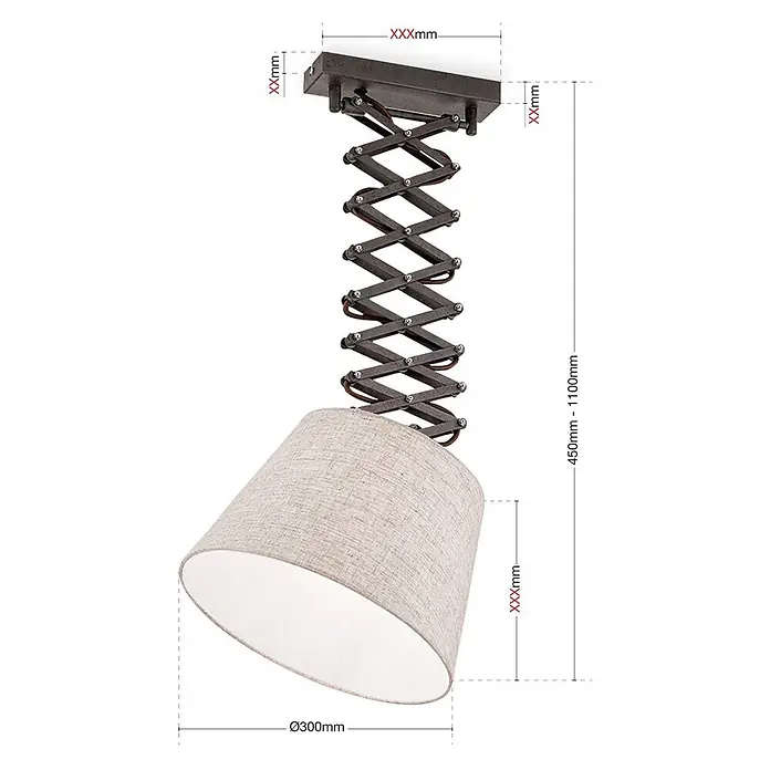 Orion Leuchten Pendelleuchte - L x B x H: 30 x 30 x 45 cm, E27 - Ausziehbare Deckenlampe mit dunklem Metallscherenarm und hellem Stoffschirm.