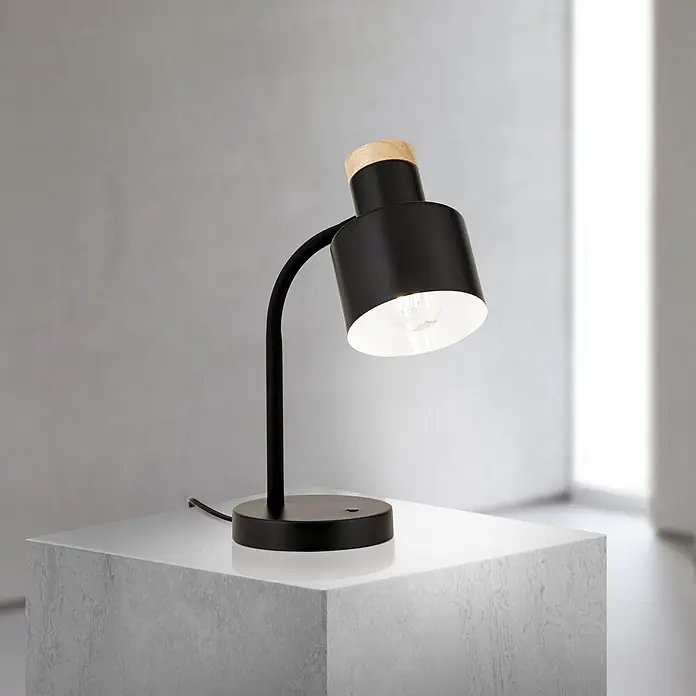 Orion Leuchten Tischleuchte - 40 W, L x B x H: 25 x 25 x 35 cm, E27 - Schwarze Metall-Schreibtischlampe mit Akzent aus Naturholz und beleuchteter Glühbirne.