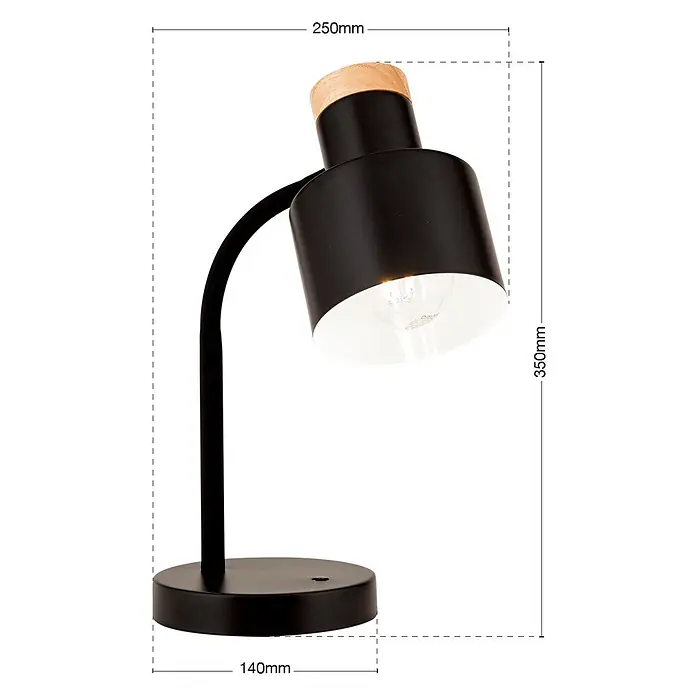Orion Leuchten Tischleuchte - 40 W, L x B x H: 25 x 25 x 35 cm, E27 - Schwarze Schreibtischlampe mit Holzdetails, gebogenem Arm und rundem Fuß. Maße: 350 mm H x 250 mm B.