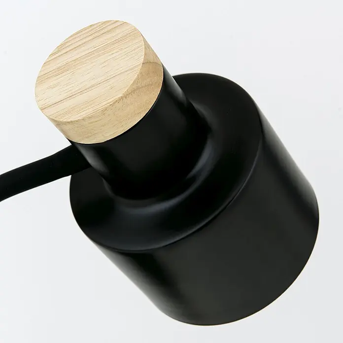 Orion Leuchten Tischleuchte - 40 W, L x B x H: 25 x 25 x 35 cm, E27 - Schwarze zylindrische Leuchte mit heller Holzplatte und Verbindungsarm.