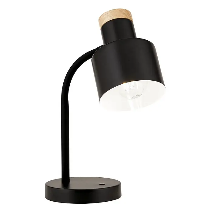 Orion Leuchten Tischleuchte - 40 W, L x B x H: 25 x 25 x 35 cm, E27 - Schwarze Metall-Schreibtischlampe mit gebogenem Arm und Holzdetail oben. Der Lampenschirm hat eine weiße Innenseite.