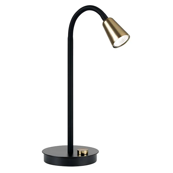 Orion Leuchten Tischleuchte - 40 W, L x B x H: 25 x 16 x 47 cm, GU10 - Schwarze Schreibtischlampe mit gebogenem Arm, konischem Messingschirm und einem Messingschalter auf dem runden schwarzen Sockel.