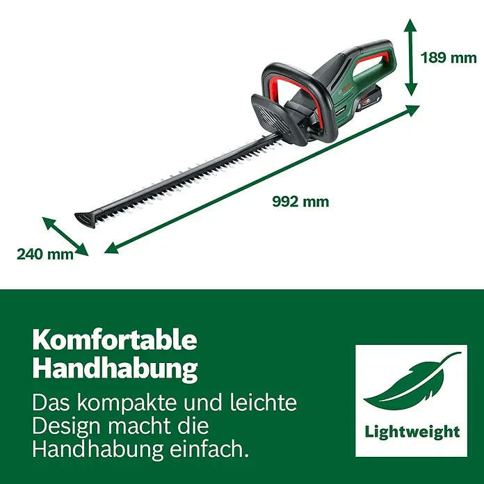 Bosch Power for All 18V Akku-Heckenschere UniversalHedgeCut 18V-50 - 2,5 V, Li-Ionen, Ohne Akku, Schnittlänge: 50 cm - Grün-schwarze Bosch Heckenschere mit roten Akzenten. Maße: 992 mm lang, 189 mm hoch, 240 mm Klingenbreite. Leichtes Design.