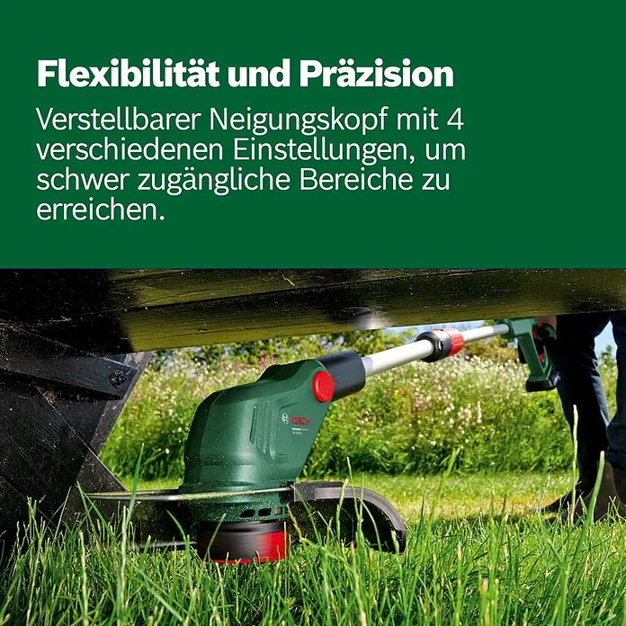 Bosch Power for All 18V Akku-Rasentrimmer UniversalGrassCut 18V-26-500 - 18 V, Li-Ionen, Ohne Akku - Grüner Bosch Rasentrimmer schneidet Gras unter einer Holzbank in einem schwer zugänglichen Bereich.
