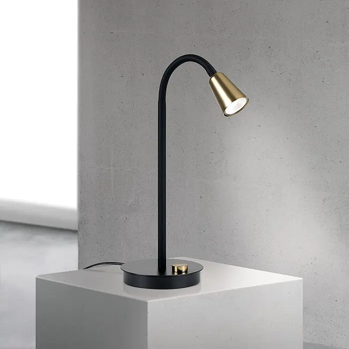 Orion Leuchten Tischleuchte - 40 W, L x B x H: 25 x 16 x 47 cm, GU10 - Moderne schwarze Tischleuchte mit gebogenem Stiel und goldenem Kegelschirm für gerichtetes Licht.
