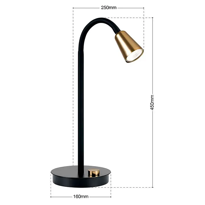 Orion Leuchten Tischleuchte - 40 W, L x B x H: 25 x 16 x 47 cm, GU10 - Schwarze Schreibtischlampe mit gebogenem Arm, goldenem konischem Kopf und passendem goldenen Knopf auf rundem Sockel, 450mm hoch.