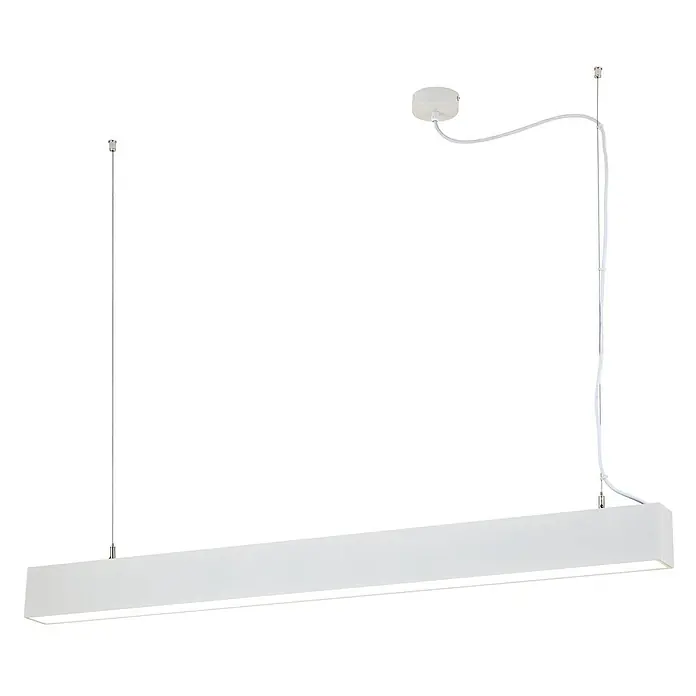 Orion Leuchten Pendelleuchte - L x B x H: 113 x 6,5 x 8,8 cm, Sonstige - Weiße rechteckige lineare Pendelleuchte, mit Drähten von der Decke abgehängt.