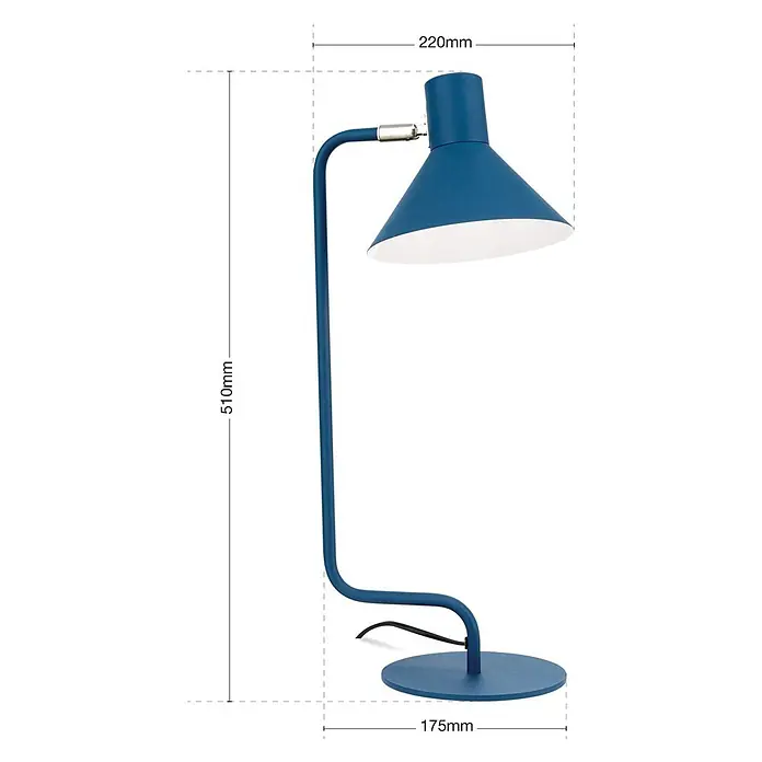 Orion Leuchten Tischleuchte - 40 W, L x B x H: 22 x 17,5 x 51 cm, E14 - Blaue Schreibtischlampe aus Metall mit konischem Schirm, gebogenem Arm und rundem Fuß.