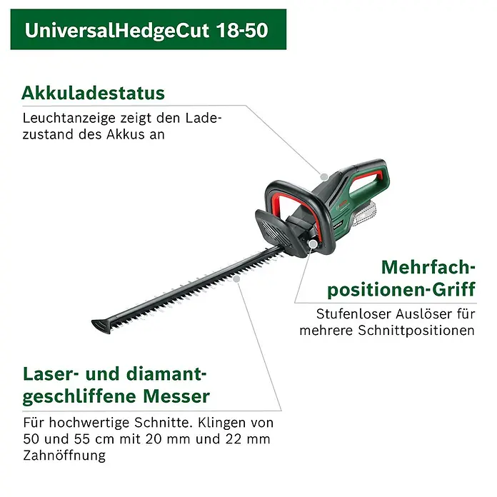 Bosch Power for All 18V Akku-Heckenschere UniversalHedgeCut 18V-50 - 2,5 V, Li-Ionen, Ohne Akku, Schnittlänge: 50 cm - Grün-schwarze Bosch UniversalHedgeCut 18-50 Akku-Heckenschere mit lasergeschliffenen Messern und Mehrfach-positionen-Griff.