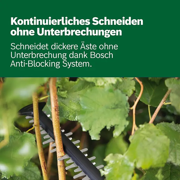 Bosch Power for All 18V Akku-Heckenschere UniversalHedgeCut 18V-50 - 2,5 V, Li-Ionen, Ohne Akku, Schnittlänge: 50 cm - Heckenscherenklinge schneidet kontinuierlich dicke Äste in einem Busch.