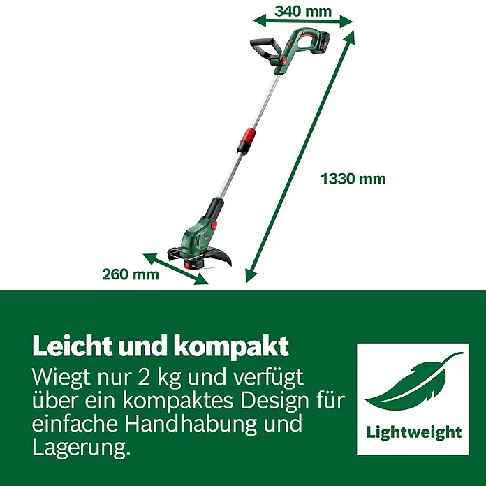 Bosch Power for All 18V Akku-Rasentrimmer UniversalGrassCut 18V-26-500 - 18 V, Li-Ionen, Ohne Akku - Grüner Bosch Rasentrimmer, 1330 mm lang, mit 260 mm Schnittbreite. Leicht und kompakt für einfache Handhabung.