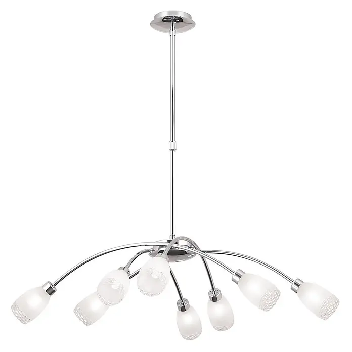Orion Leuchten Pendelleuchte - L x B x H: 84 x 84 x 25 cm, G9 - Moderner Chrom-Kronleuchter mit acht satinierten Glasschirmen mit Strukturmuster, von Deckenplatte abgehängt.