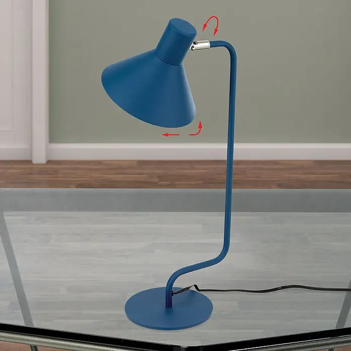 Orion Leuchten Tischleuchte - 40 W, L x B x H: 22 x 17,5 x 51 cm, E14 - Verstellbare blaue Metall-Schreibtischlampe mit konischem Schirm auf einem Glastisch.