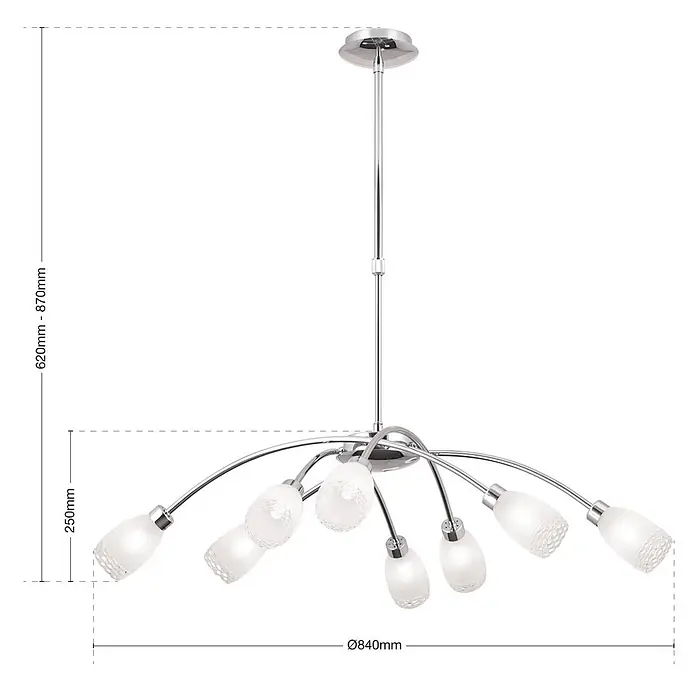 Orion Leuchten Pendelleuchte - L x B x H: 84 x 84 x 25 cm, G9 - Moderne Chrom-Pendelleuchte mit 8 satinierten Glasschirmen und verstellbarer Höhe.