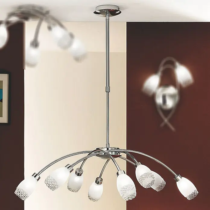 Orion Leuchten Pendelleuchte - L x B x H: 84 x 84 x 25 cm, G9 - Moderne Chrom-Deckenleuchte mit acht satinierten Glasschirmen, die einen Raum beleuchtet.