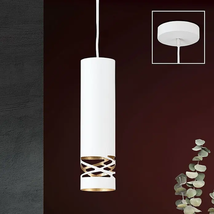 Orion Leuchten Pendelleuchte - L x B x H: 8 x 8 x 3 cm, GU10 - Weiße zylindrische Pendelleuchte mit goldenem Dekorausschnitt, in einem Raum hängend. Einsatz zeigt passende weiße Deckenrosette.