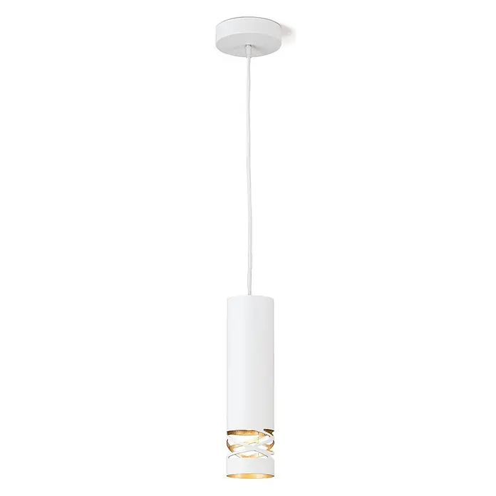 Orion Leuchten Pendelleuchte - L x B x H: 8 x 8 x 3 cm, GU10 - Weiße zylindrische Pendelleuchte mit goldfarbenen Zierausschnitten.