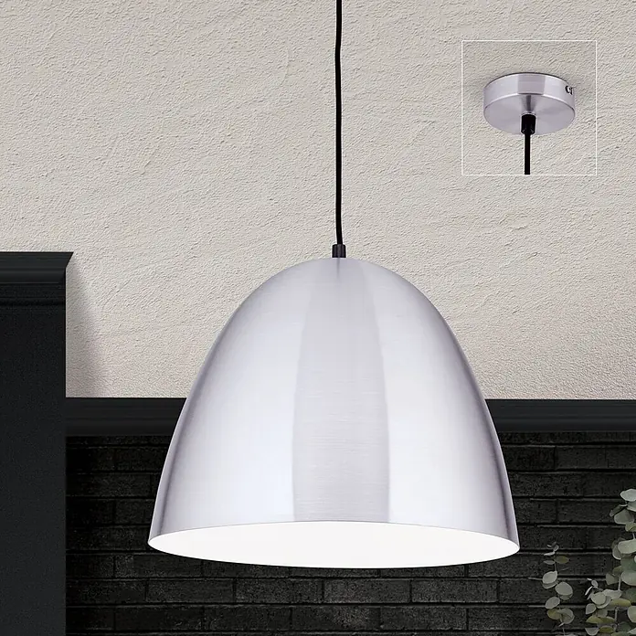 Orion Leuchten Pendelleuchte - L x B x H: 40 x 40 x 30 cm, E27 - Gebürstete Aluminium-Pendelleuchte in Kuppelform, von strukturierter Decke hängend, mit Deckenbaldachin-Detail.