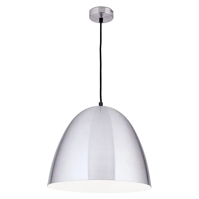 Orion Leuchten Pendelleuchte - L x B x H: 40 x 40 x 30 cm, E27 - Gebürstete silberne Kuppel-Pendelleuchte mit schwarzem Kabel und silberner Deckenrose.