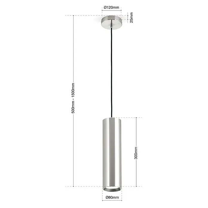 Orion Leuchten Pendelleuchte - L x B x H: 8 x 8 x 30 cm, GU10 - Zylindrische Pendelleuchte aus gebürstetem Metall mit verstellbarer Aufhängung (500-1500mm). 300mm Schirmhöhe, 80mm Schirmdurchmesser.