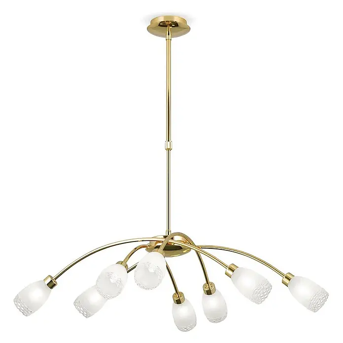 Orion Leuchten Pendelleuchte - L x B x H: 84 x 84 x 25 cm, G9 - Goldfarbener Kronleuchter mit gebogenen Armen und mattierten Glaslampenschirmen.