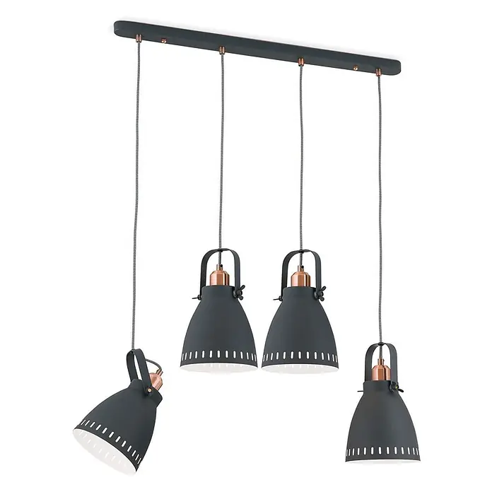 Orion Leuchten Pendelleuchte - L x B x H: 72 x 17 x 150 cm, E27 - Vier dunkelgraue Pendelleuchten mit Kupferakzenten hängen von einer schwarzen Schiene, eine geneigt. Glockenförmige Schirme mit Lochmuster.
