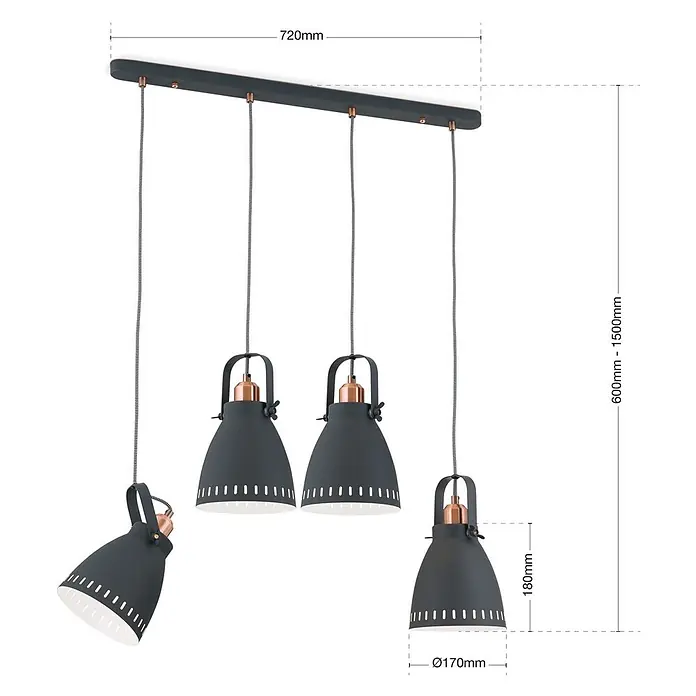Orion Leuchten Pendelleuchte - L x B x H: 72 x 17 x 150 cm, E27 - Dunkelgraue Metall-4-flammige Pendelleuchte mit Kupferdetails und Textilkabeln an einer schwarzen Stange. Höhenverstellbar.