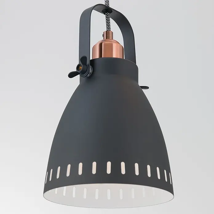 Orion Leuchten Pendelleuchte - L x B x H: 72 x 17 x 150 cm, E27 - Dunkelgraue Pendelleuchte mit Kupferfassung, geflochtenem Kabel und perforiertem Schirm.