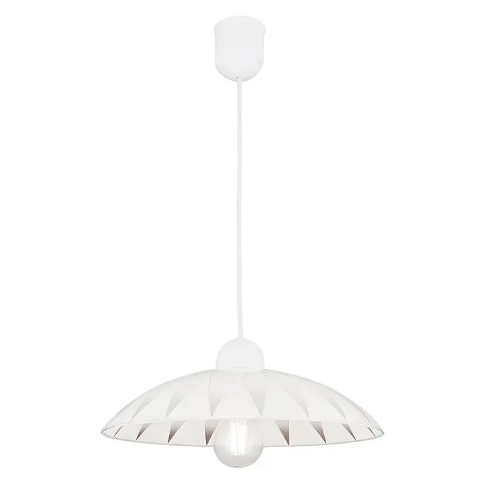 Orion Leuchten Pendelleuchte - L x B x H: 33 x 33 x 12 cm, E27 - Weiße Pendelleuchte mit breitem, gemustertem Schirm und sichtbarer Glühbirne.