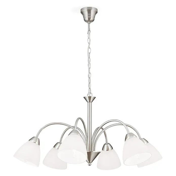 Orion Leuchten Pendelleuchte - L x B x H: 60 x 60 x 40 cm, E14 - Sechsflammiger Kronleuchter aus gebürstetem Nickel mit mattierten Glasschirmen.