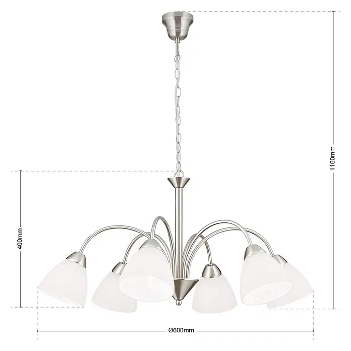 Orion Leuchten Pendelleuchte - L x B x H: 60 x 60 x 40 cm, E14 - Gebürsteter Nickel-Kronleuchter mit sechs Armen und mattweißen Glasschirmen.
