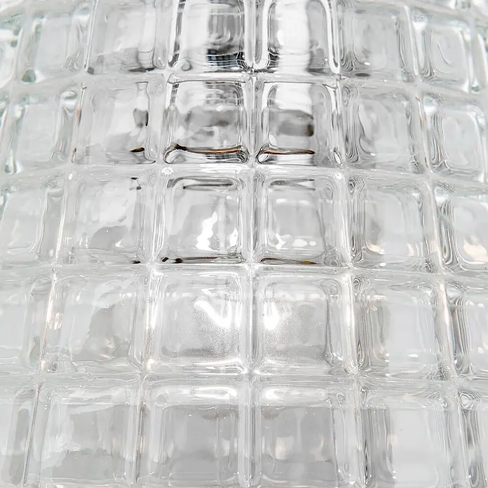 Orion Leuchten Pendelleuchte rund - E27 - Transparente Glasoberfläche mit einer Gitterstruktur aus erhabenen Quadraten.
