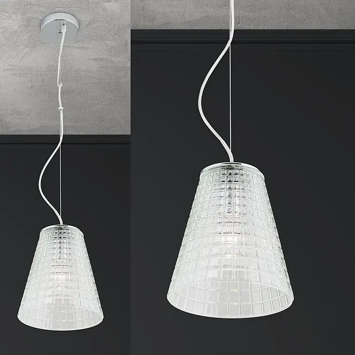 Orion Leuchten Pendelleuchte rund - E27 - Klare Glas-Pendelleuchte mit quadratischem Muster, Chrom-Deckenplatte und weißem Kabel.