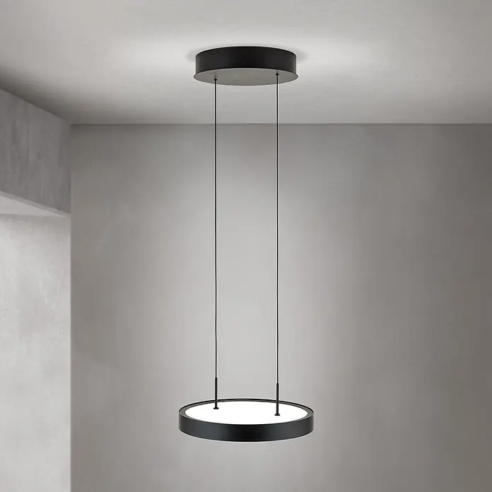 Orion Leuchten Pendelleuchte - L x B x H: 33,5 x 33,5 x 180 cm, Sonstige - Schwarze runde Pendelleuchte, von der Decke abgehängt, mit weißer Leuchtfläche.