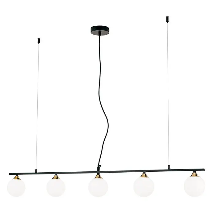 Orion Leuchten Pendelleuchte - L x B x H: 120 x 12 x 150 cm, G9 - Schwarze lineare Pendelleuchte mit fünf weißen Kugelgläsern und goldenen Akzenten.