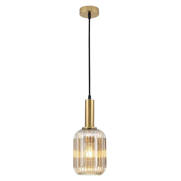 Orion Leuchten Pendelleuchte rund - E27 - Moderne goldfarbene Pendelleuchte mit geripptem, bernsteinfarbenem Glasschirm und schwarzem Aufhängungsseil.