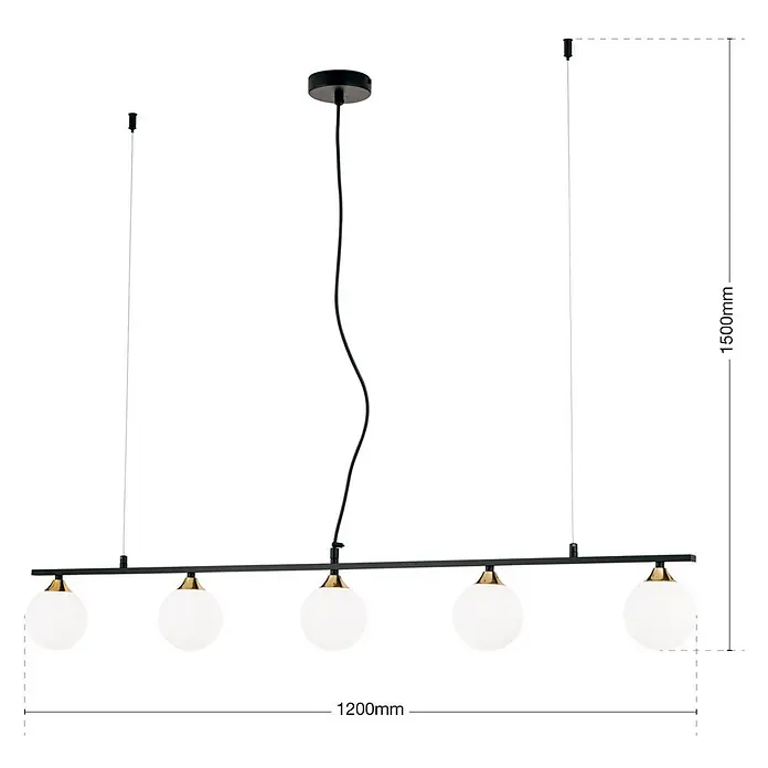Orion Leuchten Pendelleuchte - L x B x H: 120 x 12 x 150 cm, G9 - Fünfflammige lineare Pendelleuchte mit schwarzer Stange, weißen Kugelschirmen und goldenen Akzenten.