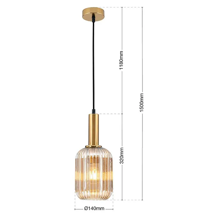 Orion Leuchten Pendelleuchte rund - E27 - Goldene Pendelleuchte mit geripptem Klarglasschirm.
